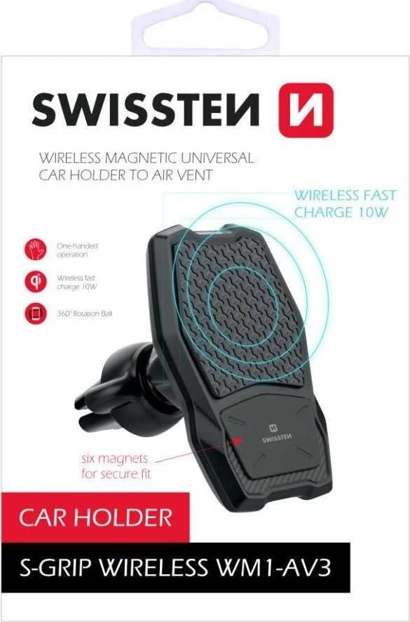 Swissten WM1-AV3 oro ventiliacinis automobilio laikiklis su belaidžiu įkrovimu + 1,2 m mikro USB laidu