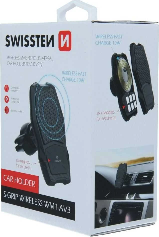 Swissten WM1-AV3 oro ventiliacinis automobilio laikiklis su belaidžiu įkrovimu + 1,2 m mikro USB laidu