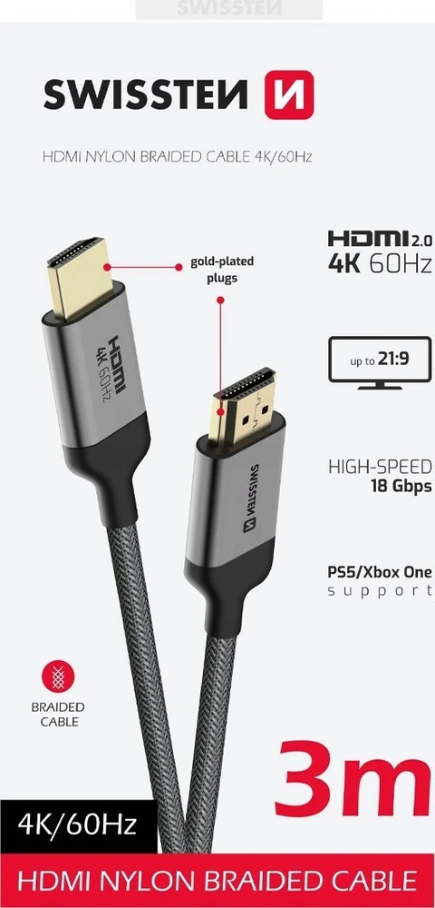 Swissten HDMI į HDMI 4K kabelis 3m