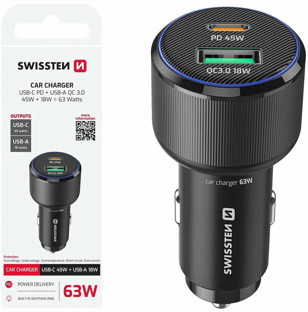 Įkroviklis Swissten Swissten Car Charger USB-C PD / USB 63W