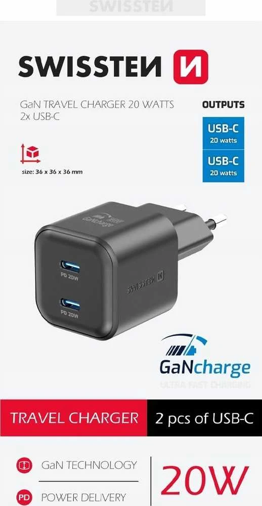 Swissten GaN PD 2x USB-C kelioninis įkroviklis 20W