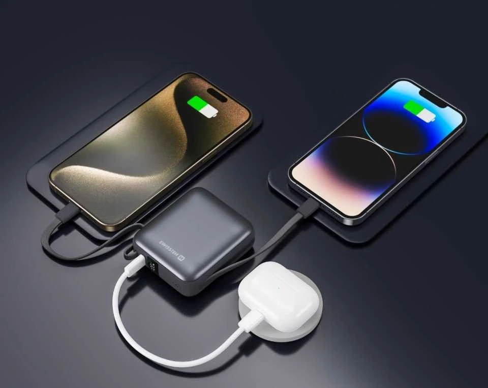 „Swissten“ išorinė baterija 10000 mAh su integruotais USB-C ir „Lightning“ laidais