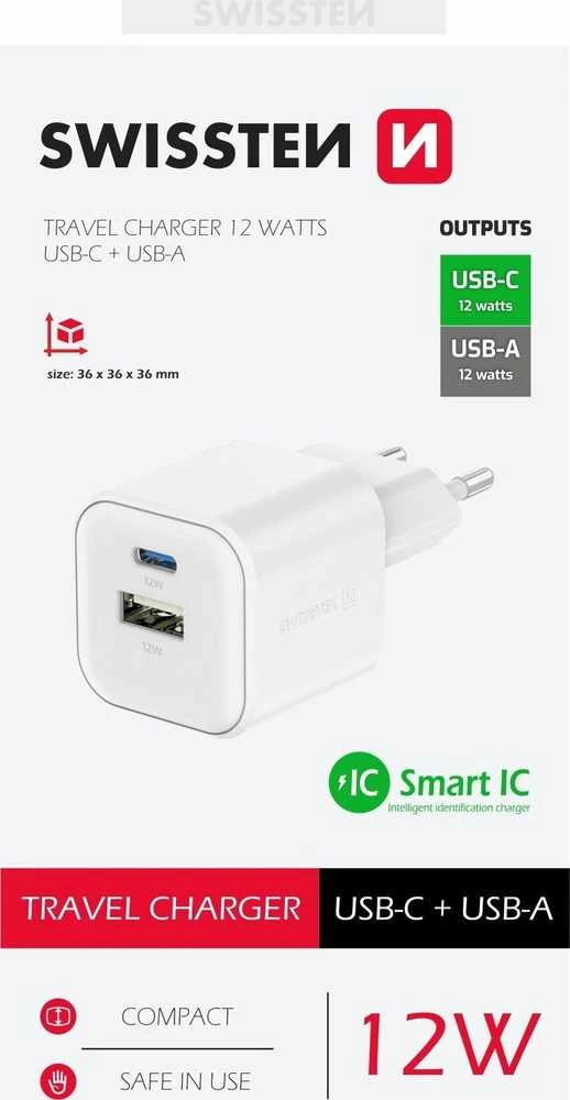 „Swissten“ kelioninis įkroviklis 12 W USB-C / USB-A