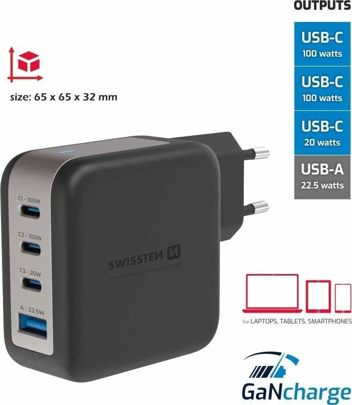 „Swissten“ kelioninis įkroviklis GaN 3x USB-C PD 100W / USB-A 18W QC