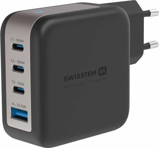 „Swissten“ kelioninis įkroviklis GaN 3x USB-C PD 100W / USB-A 18W QC
