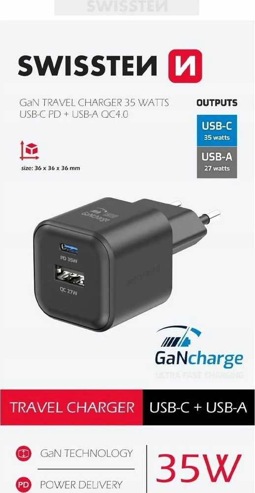 Swissten kelioninis įkroviklis GaN USB-C 35W PD / USB-A 27W QC