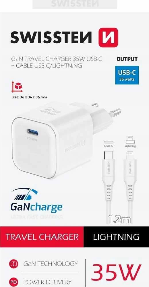 „Swissten“ kelioninis įkroviklis GaN USB-C 35 W PD + duomenų kabelis USB-C – „Lightning“ 1,2 m