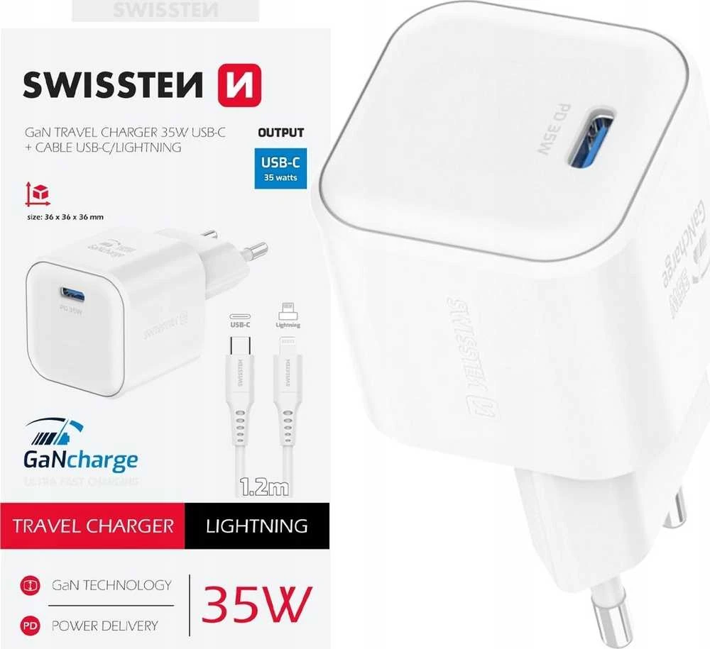 „Swissten“ kelioninis įkroviklis GaN USB-C 35 W PD + duomenų kabelis USB-C – „Lightning“ 1,2 m