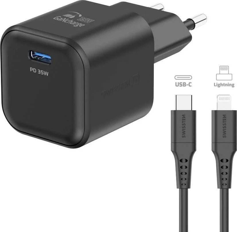 „Swissten“ kelioninis įkroviklis GaN USB-C 35 W PD + duomenų kabelis USB-C – „Lightning“ 1,2 m