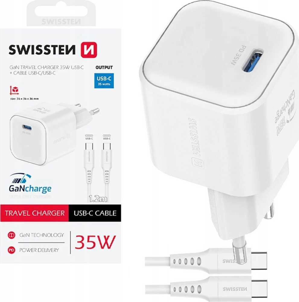 „Swissten“ kelioninis įkroviklis GaN USB-C 35 W PD + duomenų kabelis USB-C - USB-C 1,2 m