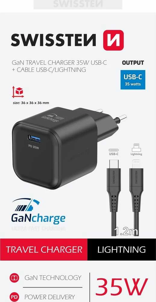 „Swissten“ kelioninis įkroviklis GaN USB-C 35 W PD + duomenų kabelis USB-C – „Lightning“ 1,2 m
