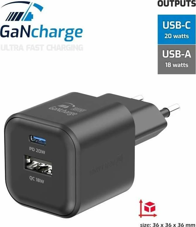 Swissten kelioninis įkroviklis GaN USB-C 20W PD / USB-A 18W QC