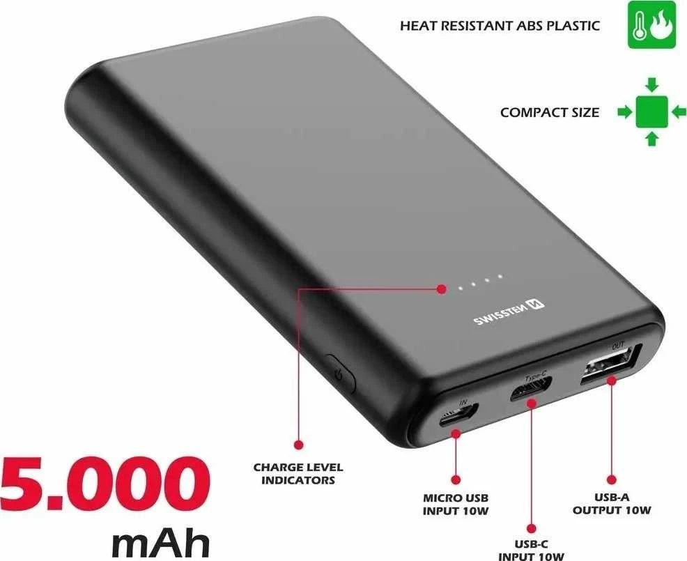 Swissten Powerbank Sourcing MINISW5K 5000 mAh Juodas