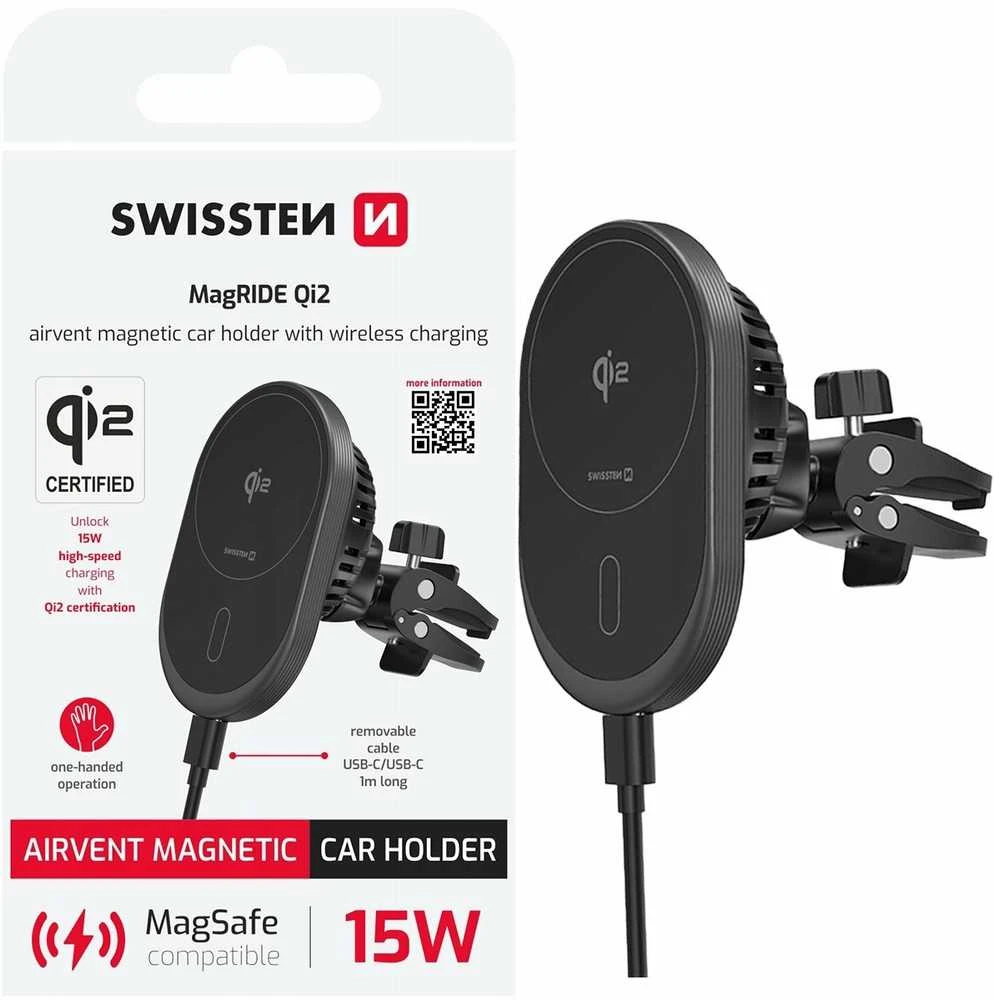 „Swissten“ magnetinis automobilinis laikiklis „MagRide“ su belaidžiu įkrovikliu „Qi2 15W“ (suderinamas su „MagSafe“)