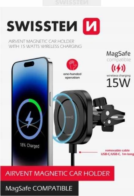 „Swissten Magstick“ kompaktiškas magnetinis automobilio laikiklis su belaidžiu įkrovikliu 15 W/7,5 W (suderinamas su „Magsafe“)