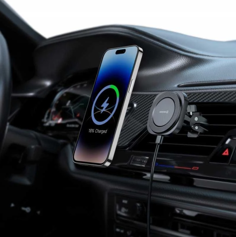 „Swissten Magstick“ kompaktiškas magnetinis automobilio laikiklis su belaidžiu įkrovikliu 15 W/7,5 W (suderinamas su „Magsafe“)