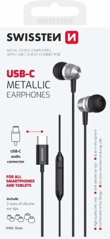 Swissten Metallic ausinės su USB-C laidu ir pulteliu