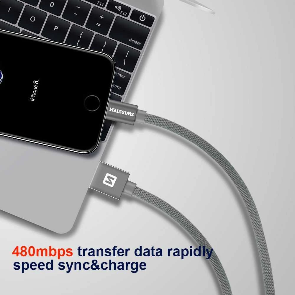 „Swissten MFI Textile Fast Charge 3A Lightning“ duomenų ir įkrovimo laidas, 2 m