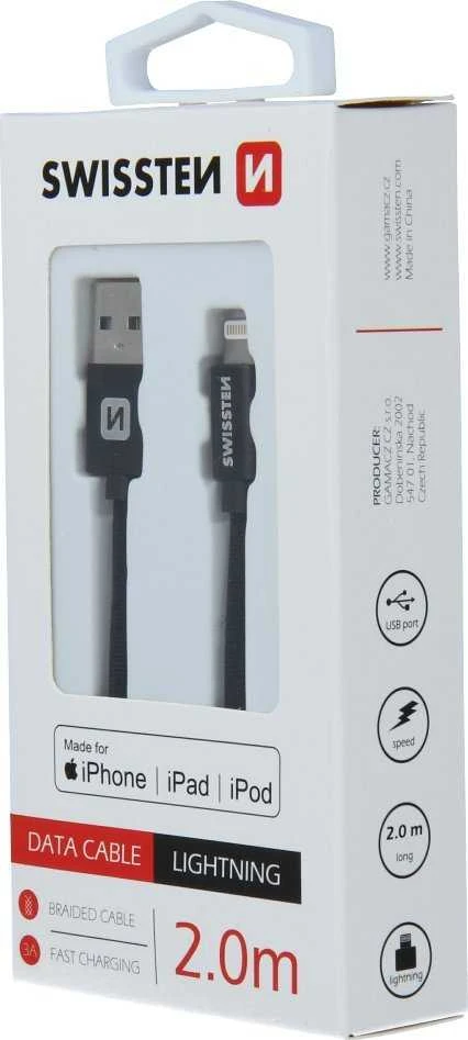 „Swissten MFI Textile Fast Charge 3A Lightning“ duomenų ir įkrovimo laidas, 2,0 m