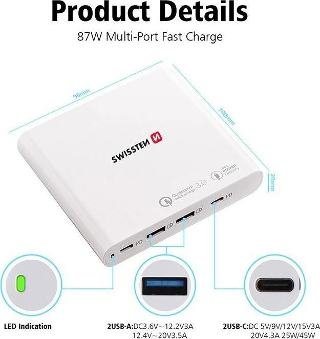 Swissten nešiojamojo kompiuterio maitinimo adapteris 87 W 4,3 A 20 V (22013340)