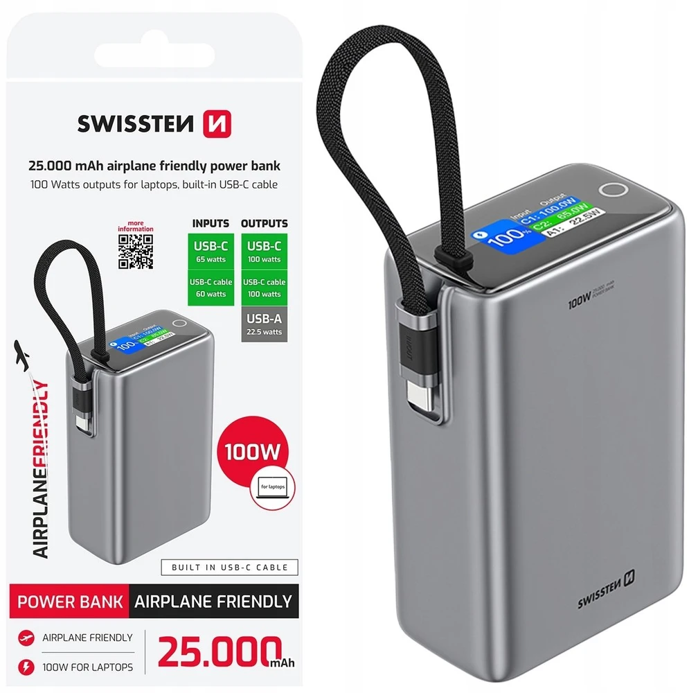 „Swissten“ išorinė baterija 25000 mAh (96,25 Wh) 100 W su integruotu USB-C laidu