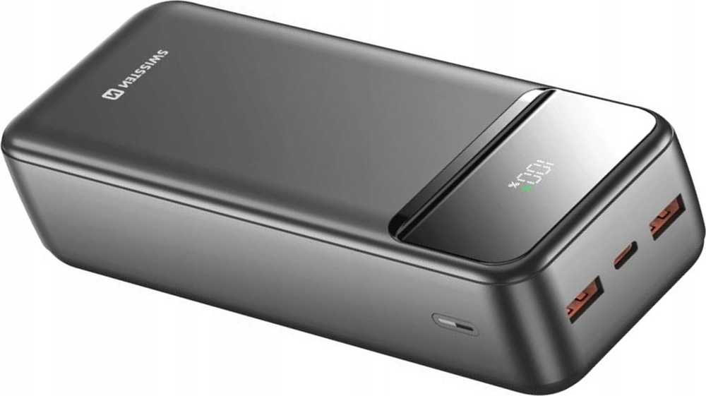 SWISSTEN, Nešiojamoji baterija, POWER LINE II, Li-Pol, 5/9/12V, telefonams ir kitiems įrenginiams įkrauti, 22013948, 30000mAh, juoda