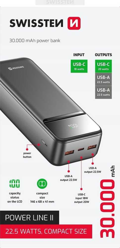 SWISSTEN, Nešiojamoji baterija, POWER LINE II, Li-Pol, 5/9/12V, telefonams ir kitiems įrenginiams įkrauti, 22013948, 30000mAh, juoda