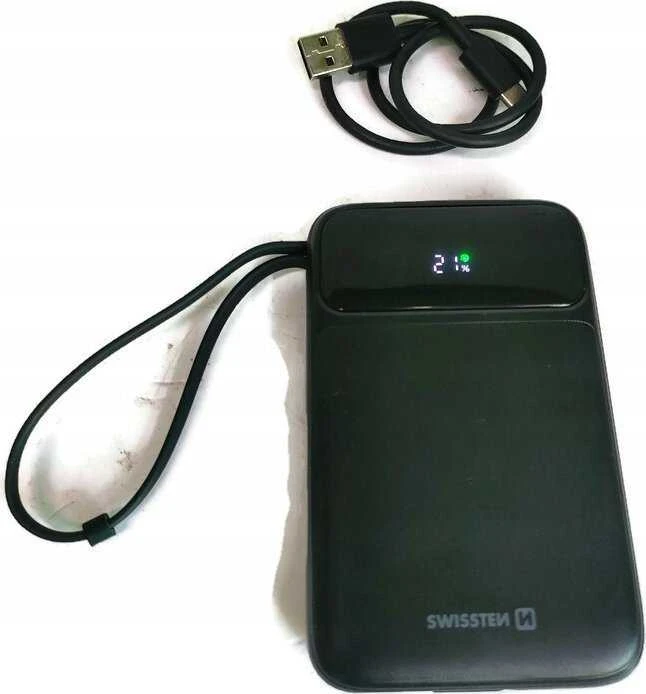 Swissten Power Bank 10000 mAh 20W su įmontuotais USB-C ir Lightning laidais (suderinamas su MagSafe)