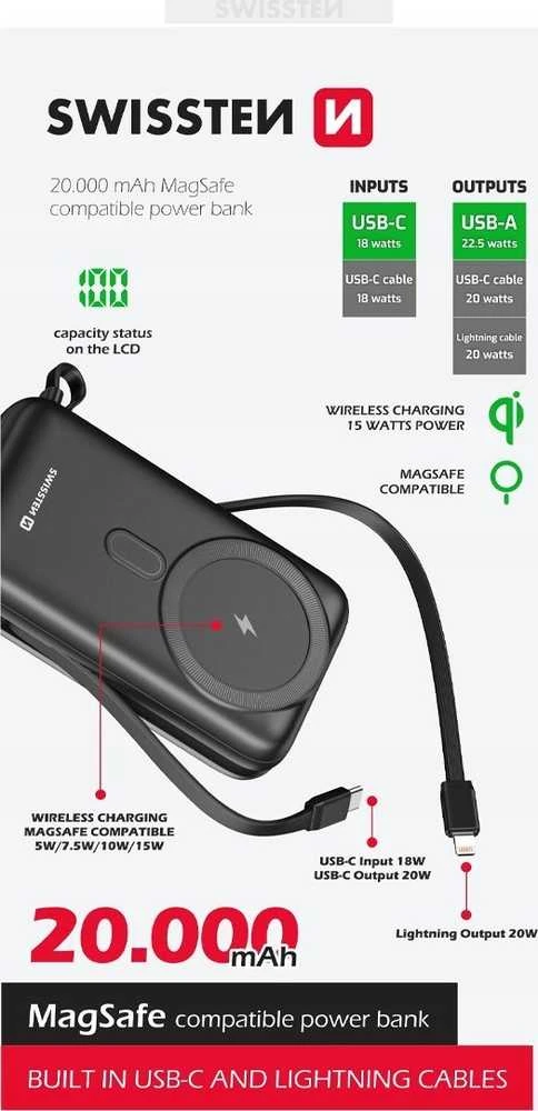 SWISSTEN Nešiojamasis įkroviklis "Powerbank" 20000 mAh PD 20W su integruotu USB-C ir „Lightning“ laidu (suderinama su „MagSafe“) 22013934