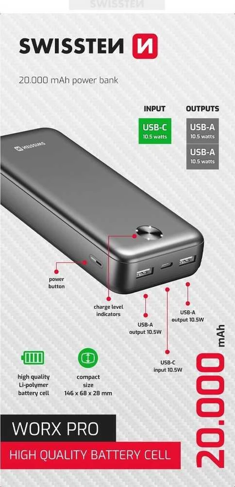 Swissten SWISSTEN, išorinė baterija, WORX PRO, ličio polimerų, 5/9/12V, telefonams ir kitiems įrenginiams įkrauti, 22013961, 20000mAh, juoda