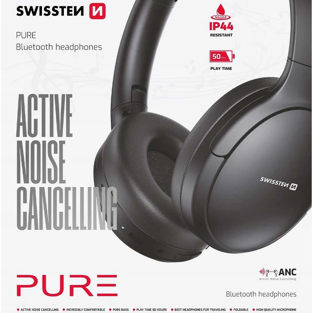 Swissten Pure ANC ausinės su techninių parametrų grafika