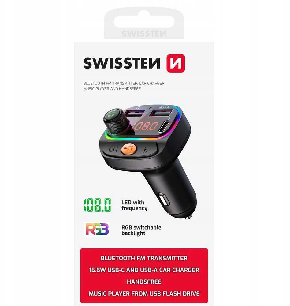FM siųstuvas „Swissten RGB Bluetooth FM“ siųstuvas, 2x USB / USB-C