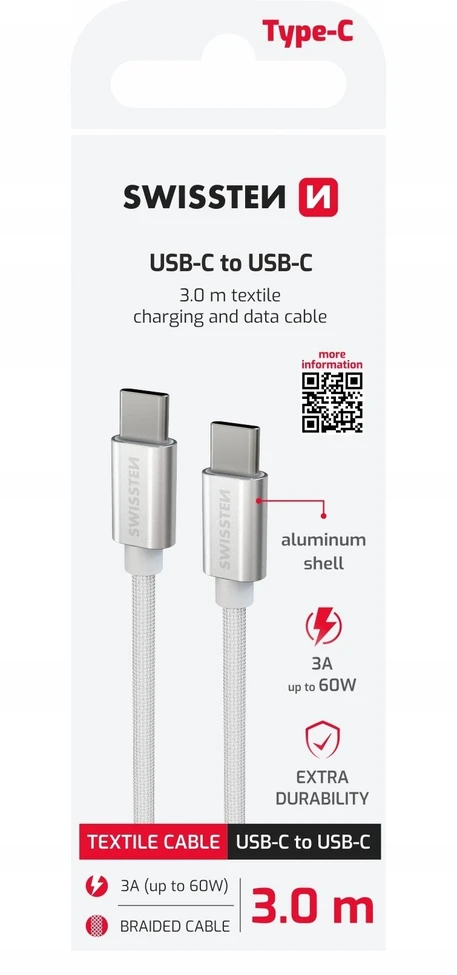 Swissten Swissten Textile Universal Quick Charge 3.1 USB-C / USB-C duomenų ir įkrovimo laidas 3m sidabrinis