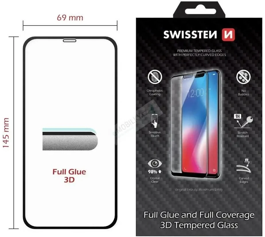 „Swissten“ grūdinto stiklo ekrano apsauga, profesionalams skirta „Apple iPhone XR“, juoda, itin patvarūs 3D pilno klijavimo stiklai