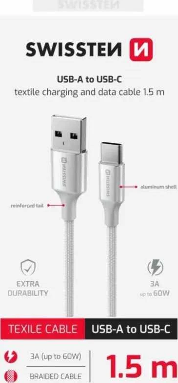 „Swissten Textile II USB - USB-C“ duomenų ir įkrovimo kabelis, 1,5 m