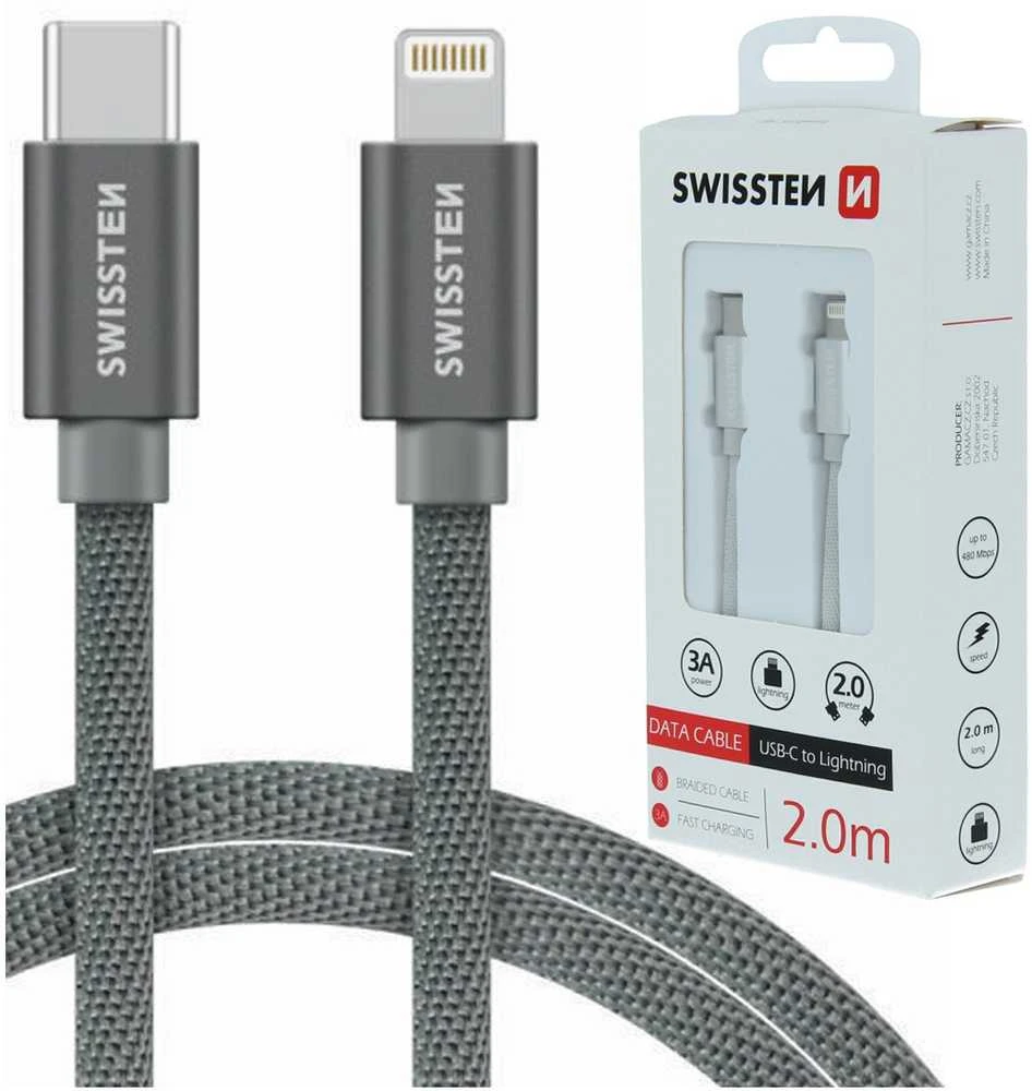 „Swissten Textile“ universalus greitas įkrovimas 3.1 USB-C prie „Lightning Data“ ir 2 m įkrovimo laidas