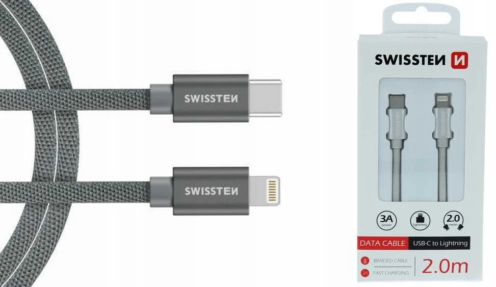 „Swissten Textile“ universalus greitas įkrovimas 3.1 USB-C prie „Lightning Data“ ir 2 m įkrovimo laidas