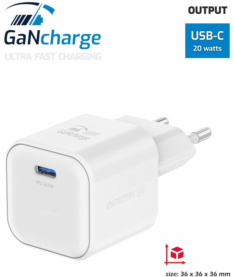Swissten GaN 20W įkroviklis su USB-C jungtimi