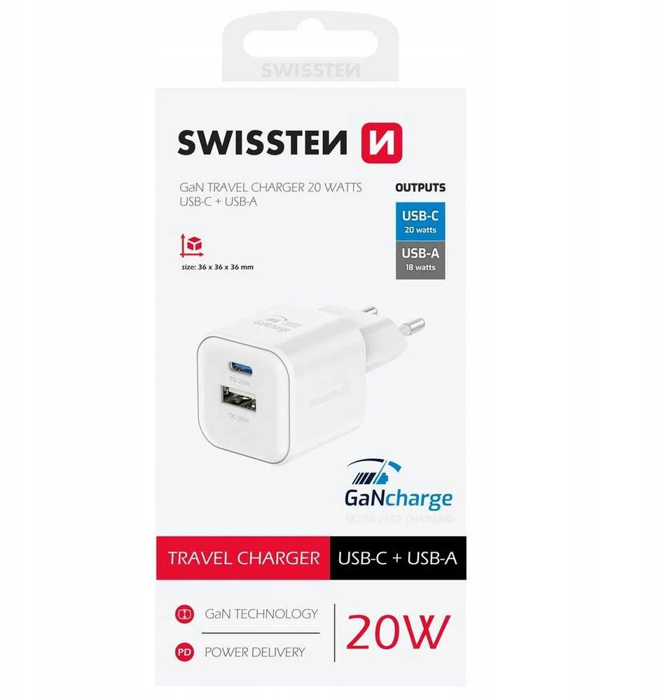 Swissten kelioninis įkroviklis GaN USB-C 20W PD / USB-A 18W QC