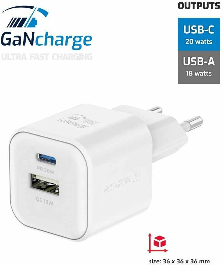 Swissten kelioninis įkroviklis GaN USB-C 20W PD / USB-A 18W QC