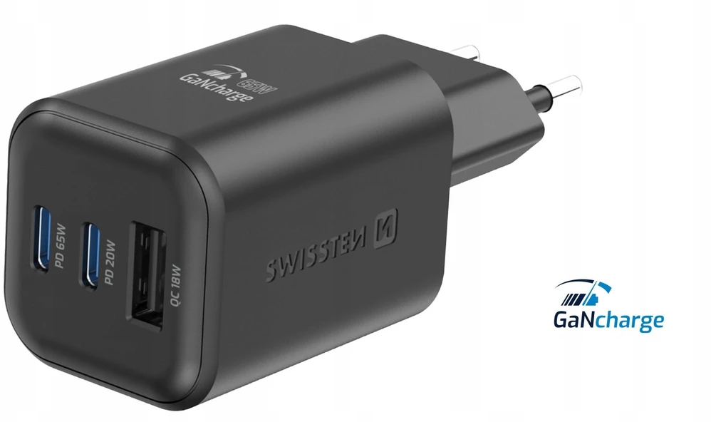 „Swissten“ kelioninis įkroviklis GaN 2x USB-C / PD USB-A / 18W QC / 65W