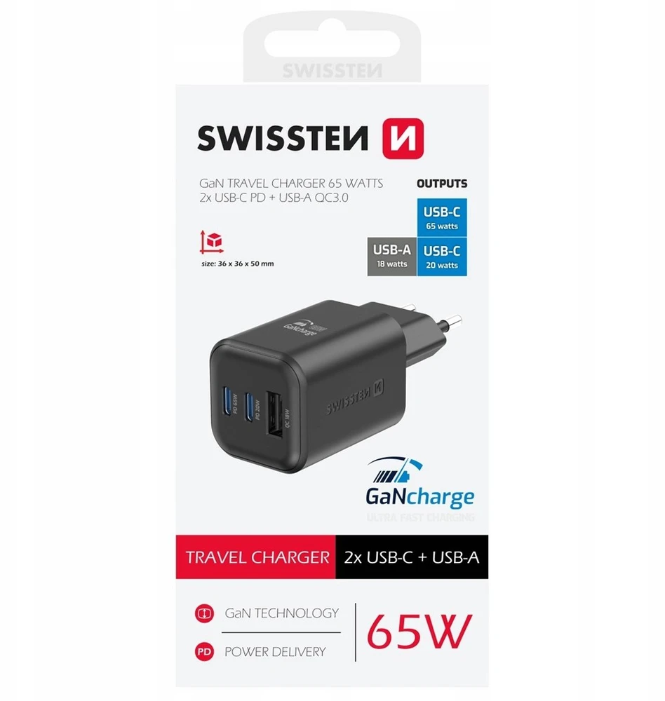 „Swissten“ kelioninis įkroviklis GaN 2x USB-C / PD USB-A / 18W QC / 65W
