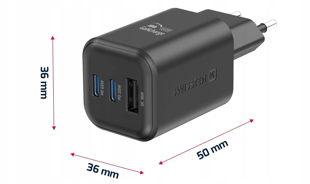 „Swissten“ kelioninis įkroviklis GaN 2x USB-C / PD USB-A / 18W QC / 65W