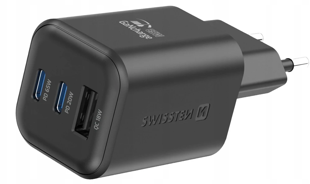 „Swissten“ kelioninis įkroviklis GaN 2x USB-C / PD USB-A / 18W QC / 65W