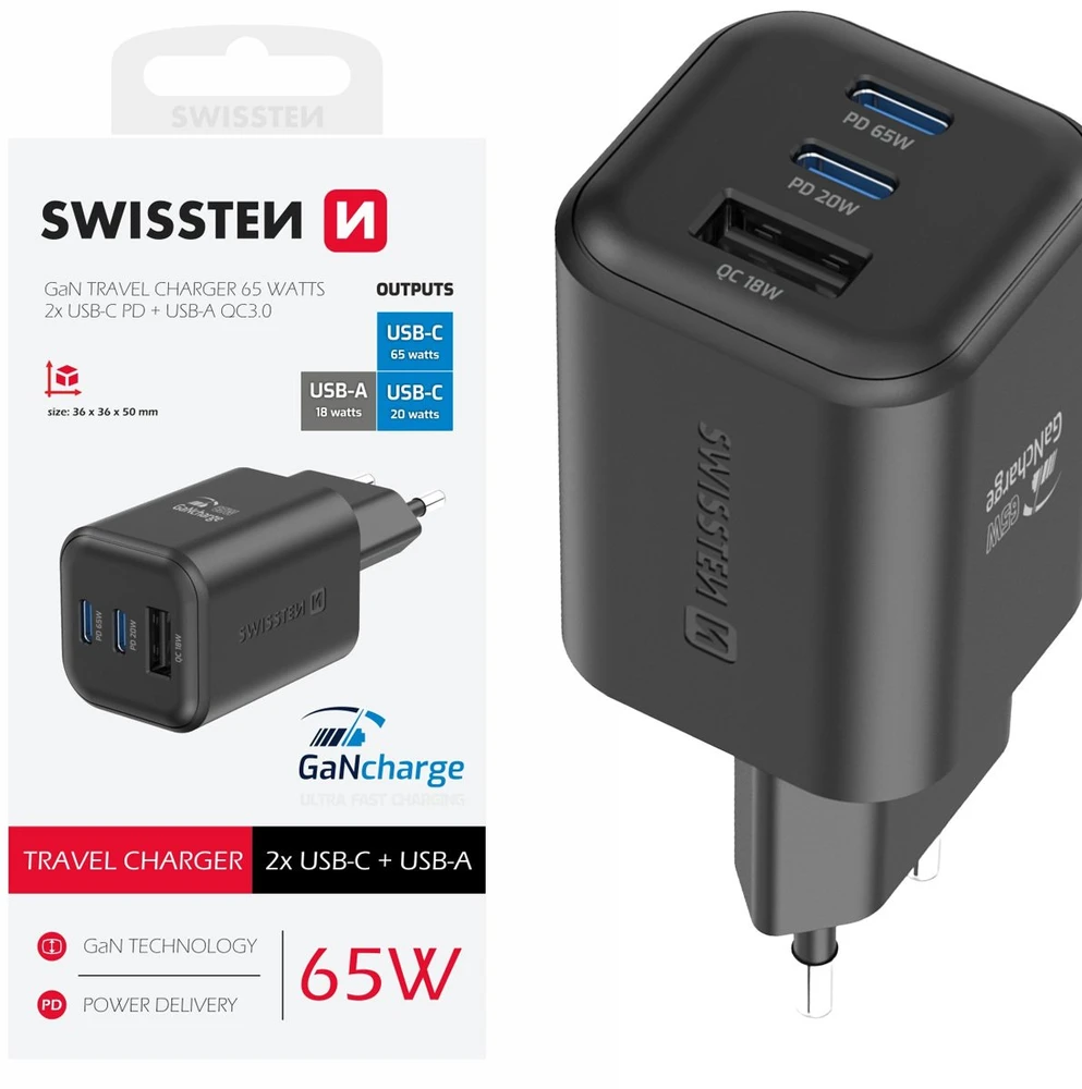 „Swissten“ kelioninis įkroviklis GaN 2x USB-C / PD USB-A / 18W QC / 65W
