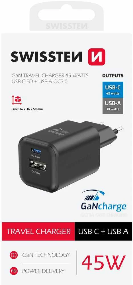 Swissten kelioninis įkroviklis GaN USB-C / PD USB-A / 18W QC / 45W