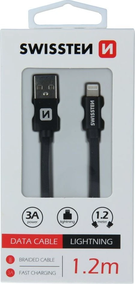 Swissten Textile Fast Charge 3A Lightning Data ir įkrovimo kabelis 1,2m