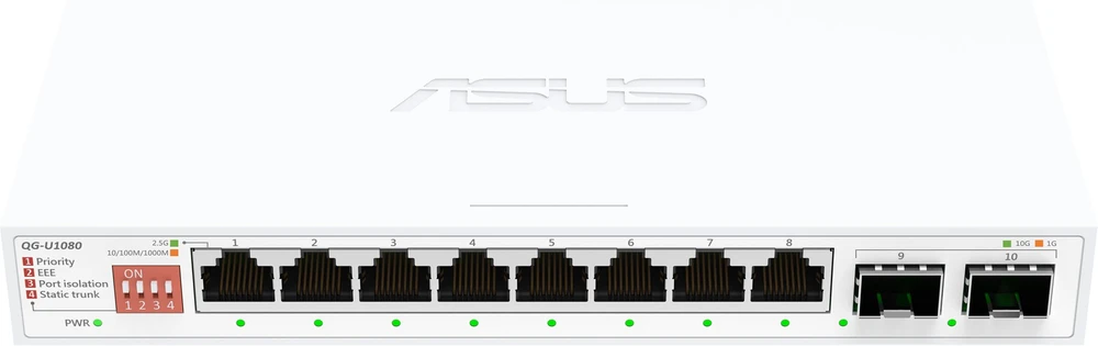 Šakotuvas Asus | QG-U1080 | 8 prievadų 2.5G ir 2 prievadų 10G SFP+ komutatorius | Nevaldomas | Stalinis | SFP+ jungčių kiekis: 2 x 10G SFP+ jungtys