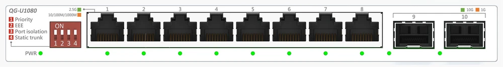 Šakotuvas Asus | QG-U1080 | 8 prievadų 2.5G ir 2 prievadų 10G SFP+ komutatorius | Nevaldomas | Stalinis | SFP+ jungčių kiekis: 2 x 10G SFP+ jungtys