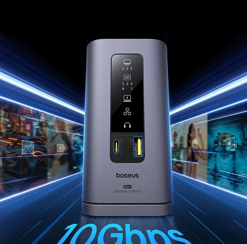 „Baseus Spacemate USB-C 11w1“ | 3x HDMI@60Hz | 2x USB-A 10Gb/s | 1x USB-C 10Gb/s | RJ45 | 2x USB-A | 1x USB-C (PD) | 1x minijungtis 3,5 mm, pilka